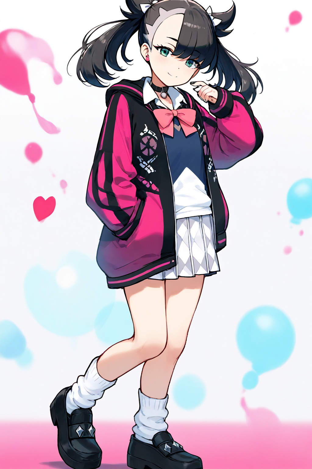 2d, masterpiece, best quality, amazing quality, 1girl, solo, close-up, standing, smile, upper body, cowboy shot, standing on one leg, looking at viewer, simple background, colorful background, hearts, stars, acmarnie, def colors, green eyes, black hair, asymmetrical bangs, white hair ribbon, black jacket, pink jacket, multicolored jacket, open jacket, blue sweater vest, white collared shirt, long sleeves, pink bowtie, pleated skirt, white skirt, checkered skirt, white socks, loose socks, shoes, black footwear, score_9, score_8_up, score_7_up,source_anime