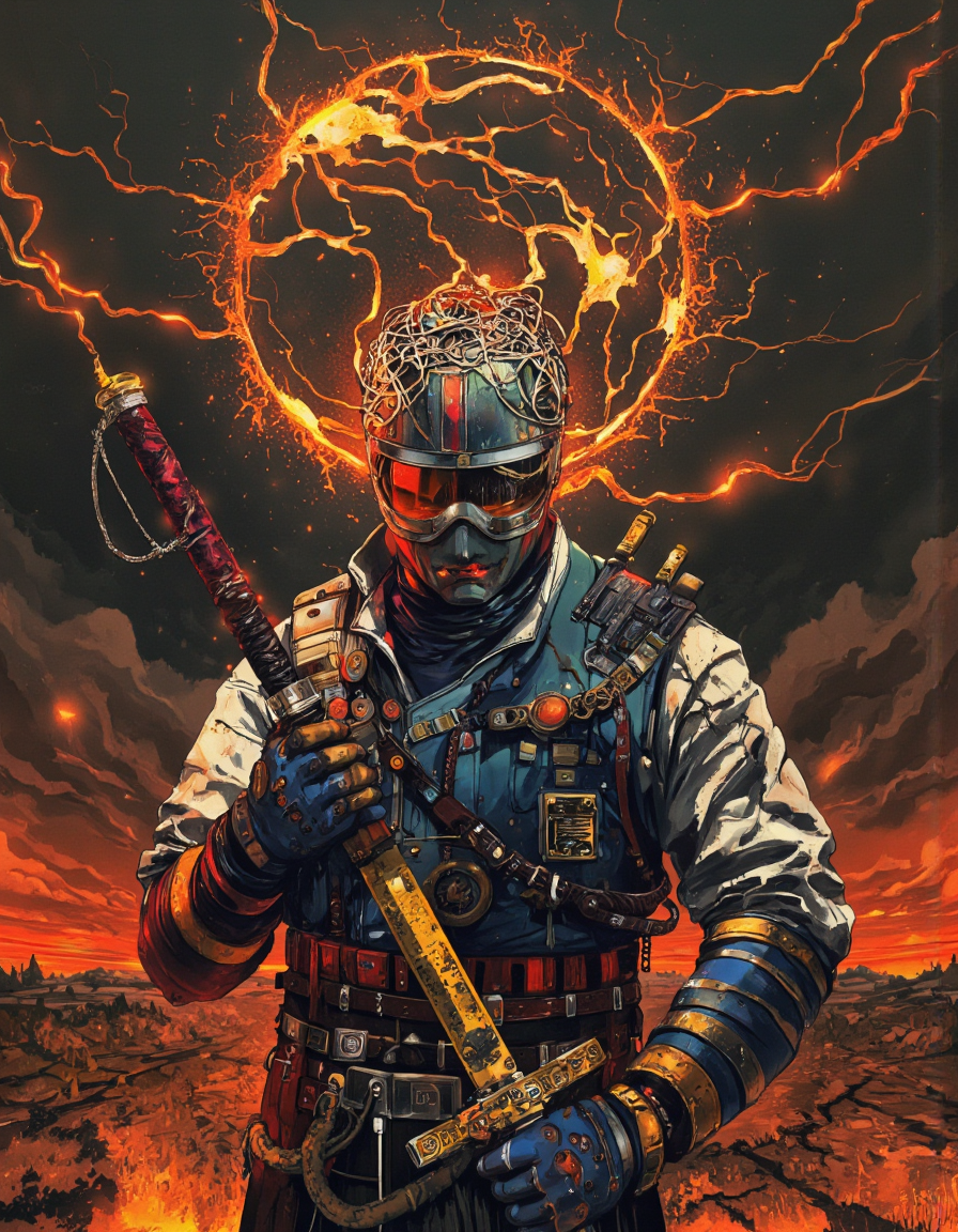 Art by Ismail Inceoglu.
hell lava art by Yoann Lossel, color style by Tom Haugomat, wear tiara of wires, iron mask, holding cyber katana, volumetric light, fighter pose, insanely detailed, cyberpunk ornate, action packed, full body standing, sun rising background.