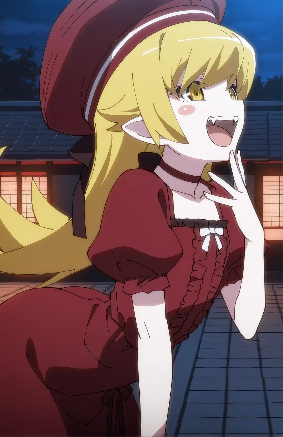 OshinoShinobu. 1girl, long hair, blonde hair, yellow eyes, short pointy ears, red hat, red dress, choker, short sleeves, puffy sleeves, laugh, fangs, arched back, vampire, standing, night, japanese house,