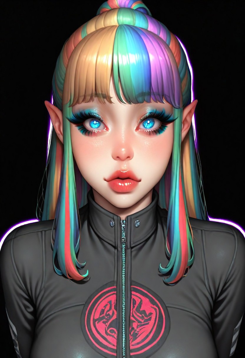 masterpiece,best quality,amazing quality, natalia_griffiths, 1girl, blue eyes, eyeshadow, makeup, pointy ears, multicolored hair, rainbow hair, looking at viewer,, limited palette,black background,colorful,vibrant,glowing outline,neon,blacklight,