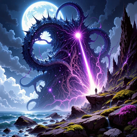 impressive and grotesque scenery on a distant world, famous artwork inspired by jordan grimmer, dramatic scene, fractal art, 1990s fantasy style, dynamic angle, this image shows the enormous transcendent hydra-like beast known as the "powerful jadesnap" as it wriggleflomps from the izzled depths of a churning, otherworldly glowing sea under a dramatic tempestuous sky, it is surrounded by the typical jagged fractal rock formations on the crinkled shore of the water-rich planet "zoffeldirly quartus," superstitious life forms call it "the bringer of lost keys", creature focus, very aesthetic, extremely detailed, ultra high resolution, 8k, 4k, harmonising colors, light beige and chartreuse and bordeaux red and indigo blue and byzantium purple and ebony black, ovg, in the style of ck-ovf, amanoer, arsmjstyle, dnddarkestfantasy, aidmafluxpro1.1, <lora:style-oneviolentfantasy-ep21-flux-by_chronoknight:0.64> <lora:style-yoshitaka_amano-elden_ring-flux-by_alicient:0.4> <lora:style-dnd_dark_fantasy-flux-by_arsmachina:0.52> <lora:flux_pro1.1_detailer-v0.3-flux-by_aidma:0.56>