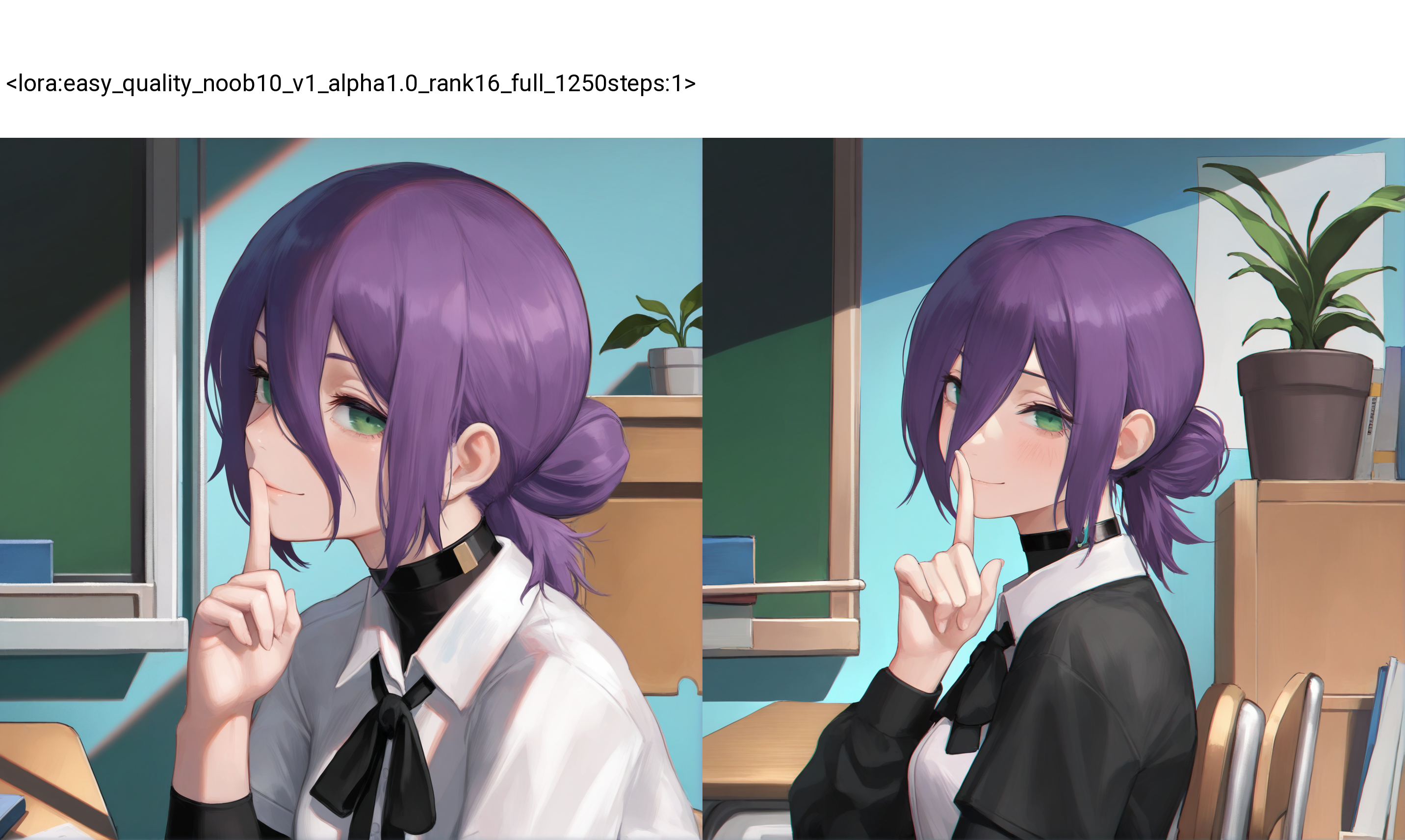 1girl,black undershirt,blue background,from side,looking at viewer,portrait,school uniform,simple background,solo,turtleneck,chromatic aberration,(shushing:0.9),
BREAK reze \(chainsaw man\),1girl,green eyes,medium hair,single hair bun,choker,
solo,desk,plant,closed eyes,indoors,short over long sleeves,shirt,paper,holding,school desk,chalkboard,potted plant,classroom,smile,sitting,closed mouth,upper body,chair,facing viewer,book,black shirt,school chair,
masterpiece,best quality,amazing quality,very aesthetic,highres,absurdres,