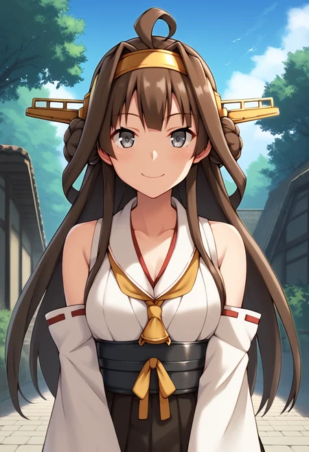 score_9, score_8_up, score_7_up, score_6_up, score_5_up, score_4_up, source_anime, rating:general, 
BREAK,
<lora:kongou_kancolle_ponyXL_v1:1> kongou (kancolle), brown hair, long hair, hairband, grey eyes, 
looking at viewer, smile, standing, outdoors, detached sleeves,