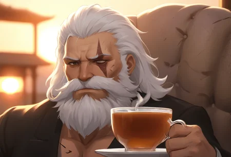 anime,illustration,reinhardt sits in a chair drinking tea with the sunset behind him,upper body,<lora:xl-reinhardt-000012:0.6>,scar across eye,scar,beard,white hair,