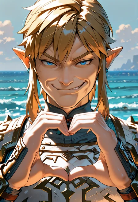 (masterpiece:1.35), (very aesthetic, best quality:1.3), vibrant, 1boy, link \(the legend of zelda: breath of the wild\), heart hands quartet, portrait, (smirk:1.3), annoyed, light smile, arrogant, <lora:Best_Facial_Expression_Helper_XTREME_ILLU:1> kaogei, solo, highly detailed, intricate details, absurdres, masterful composition, cinematic lighting, armor, crossed legs, ocean