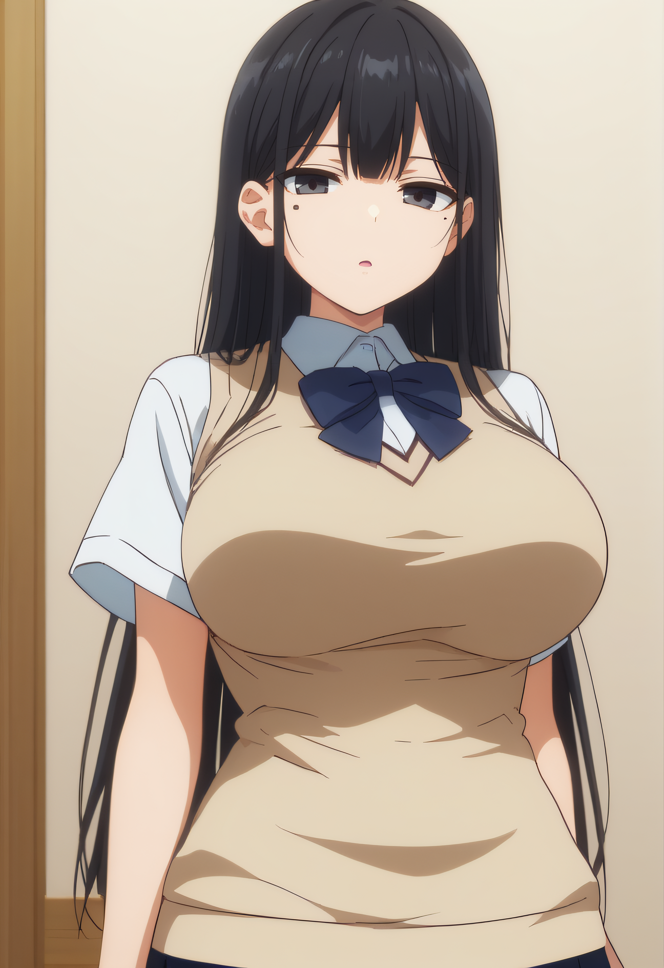 score_9, score_8_up, score_7_up, source_anime, rating_safe, intricate details, anime screencap, official style, 1girl, solo, <lora:Nanami:1>, nanami, black hair, long hair, black eyes, one mole, mole under eye, school uniform, white shirt, short sleeves, yellow sweater vest, blue_ribbon, huge breasts, blue pleated skirt, looking at viewer, expressionless, indoor, open mouth