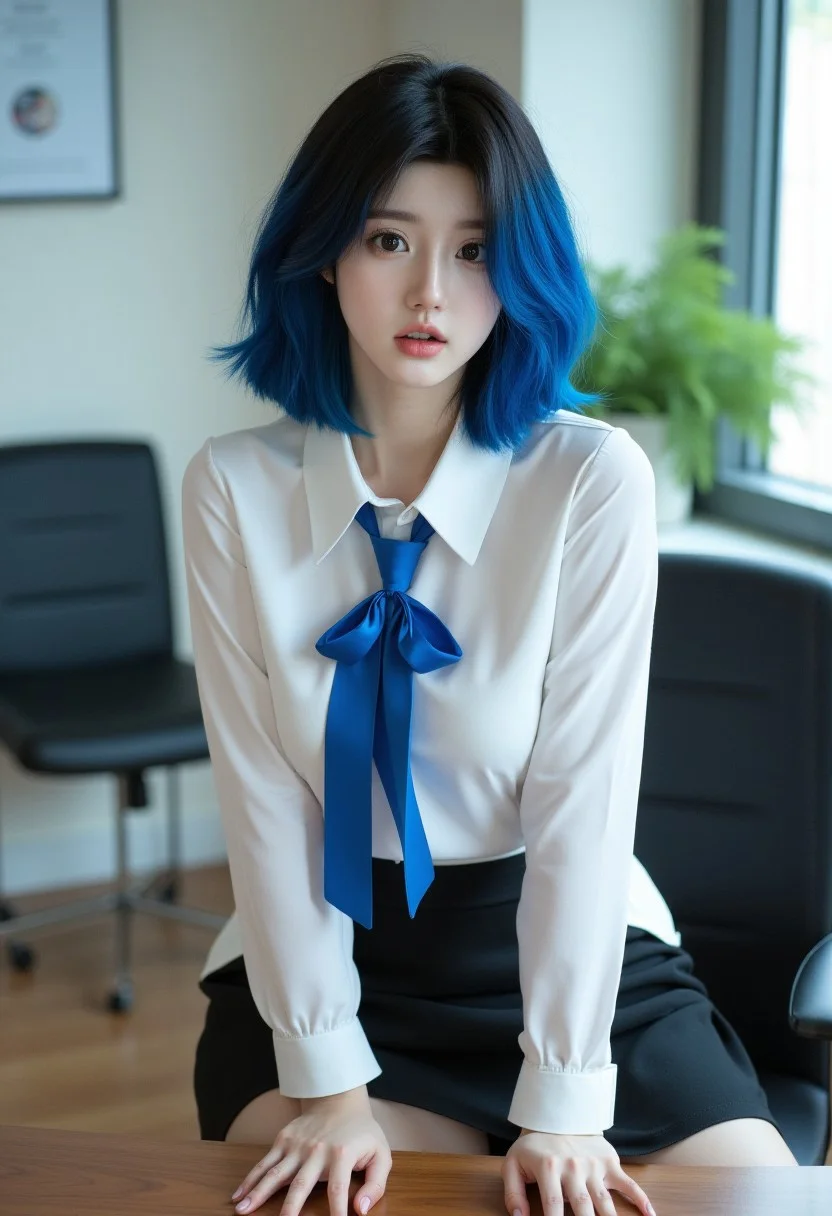 (Soft Lighting Photography by Mimoza Veliu and Mario Giacomelli:1.2), NSFW, 
(Shion Tachibana, 20 years old, Short hair, Black hair, Multicolored Blue hair, Expressive eyes, Blue crystal eyes), perfect face, Serious expression, Blushing, Perfect body, Tall, White skin, medium breasts, white shirt, Long sleeves, blue tie, blue ribbons, black short skirt, office room, Windows, Table, Chair, indoor, Wide Angle Camera, (masterpiece, detailed:1.2), (High Resolution), (More Details), (8K), (High Resolution), Aesthetic style, (glitter), intricate colors, vibrant colors, color detail, ((Incarnate detail)), ((Masterpiece)), ((Highest quality)), easy negative,, sexy, dynamic poses