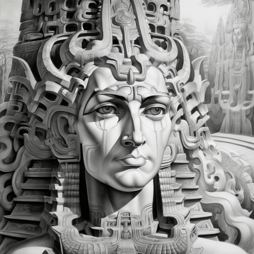 szukalski  face of the goddess, temple in the background, pencil drawing, black and white<lora:szukalski:1>