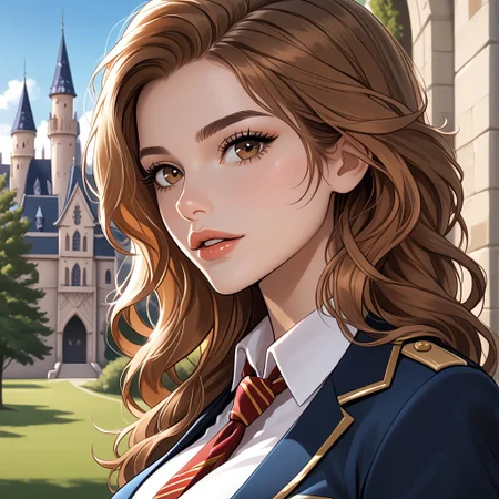 https://civitai.com/images/71069860
solo, (side view:1) masterpiece, best quality,masterpiece, best quality, good quality, very aesthetic, newest, 8K, depth of field, focused subject, BREAK, 1girl, hermione granger, brown eyes,close up, sexy lips, ecasagrande, looking at viewer, parted lips, flirty, 
(large breasts:1.2)
Hogwarts uniform, tie, school shirt,
Beautiful castle, trees, sunny, beautiful sky