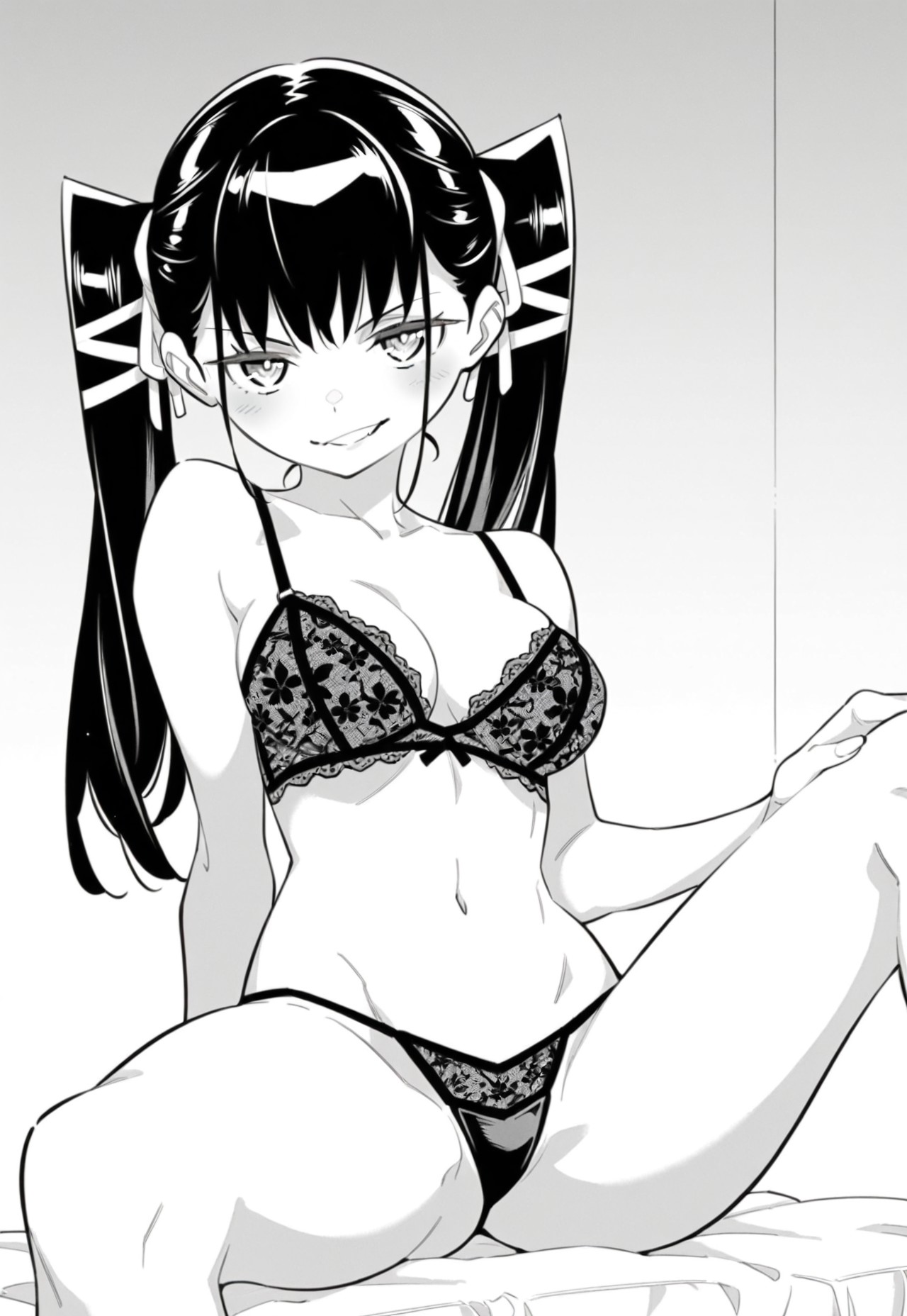 1girl, solo, yachiho azuma, dark hair, twin tails, white ribbons in hair, bangs, sharp eyes, medium breasts, wide hips, black lace bra, matching black thong, lingerie, sitting with legs slightly apart, one hand on thigh, teasing expression, monochrome