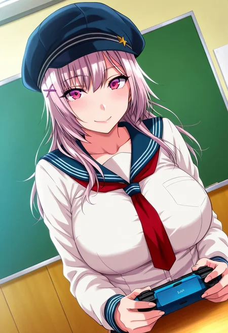 general,highres, ultra-detailed,very aesthetic,best quality ,best hands,best eyes,easynegative,
dynamic anglre, dutch angle, anime cloring,
1girl solo,looking at viewer,smile,school,play game,game,
Juri Ichinomiya,silver hair,long hair,hairclip,purple eyes,huge breasts,hat,school uniform,