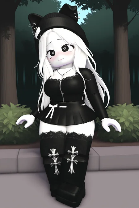 masterpiece,best quality,amazing quality, BREAK, TheBrayanVTOCILXL, white skin, colored skin, black eyes, heart-shaped pupils, white hair, long hair, parted bangs, black beanie, animal ears, black ears, ears through headwear, ear piercing, large breasts, necklace, black shirts, long sleeves, white ribbon, black skirt, black thighhighs, black shoes, solo, full body, standing, seductive smile, looking at viewer, naughty face, nose blush, forest, tree <lora:TheBrayanVTOCILXL:1>
