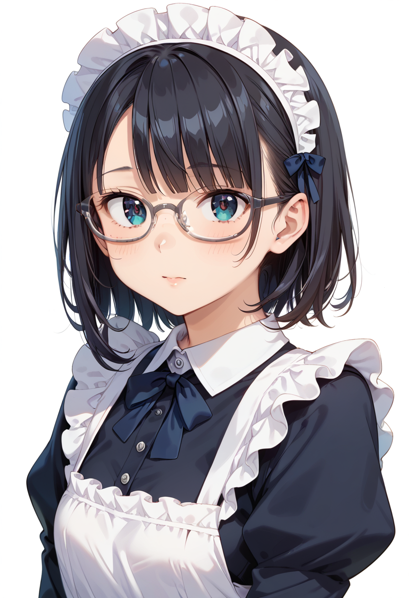 score_9, score_8_up, score_7_up, rating_safe, masterpiece, best quality, absurdres, unity 8k wallpaper, official art, official style, source_anime, uncensored, game cg, megami magazine,
1girl, solo, black hair, medium hair, upper body, covered eyes,maid, maid headdress, black dress, maid apron, face focus,
oval_cell, glasses, still life, white background, simple background, grey-framed eyewear,
 <lora:glasses_OvalCell1_PONY_V1:1>