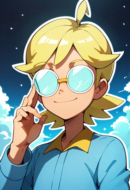 score_9, score_8_up, high quality, 
solo,1boy, clem_2, messy hair, blonde hair, jumpsuit, (opaque glasses), 
(three quarter angle), white outline, slight smile, adjusting glasses, 
sky, clouds, dark background, blurry background, bokeh, 
Expressiveh, zzCitronCAT,