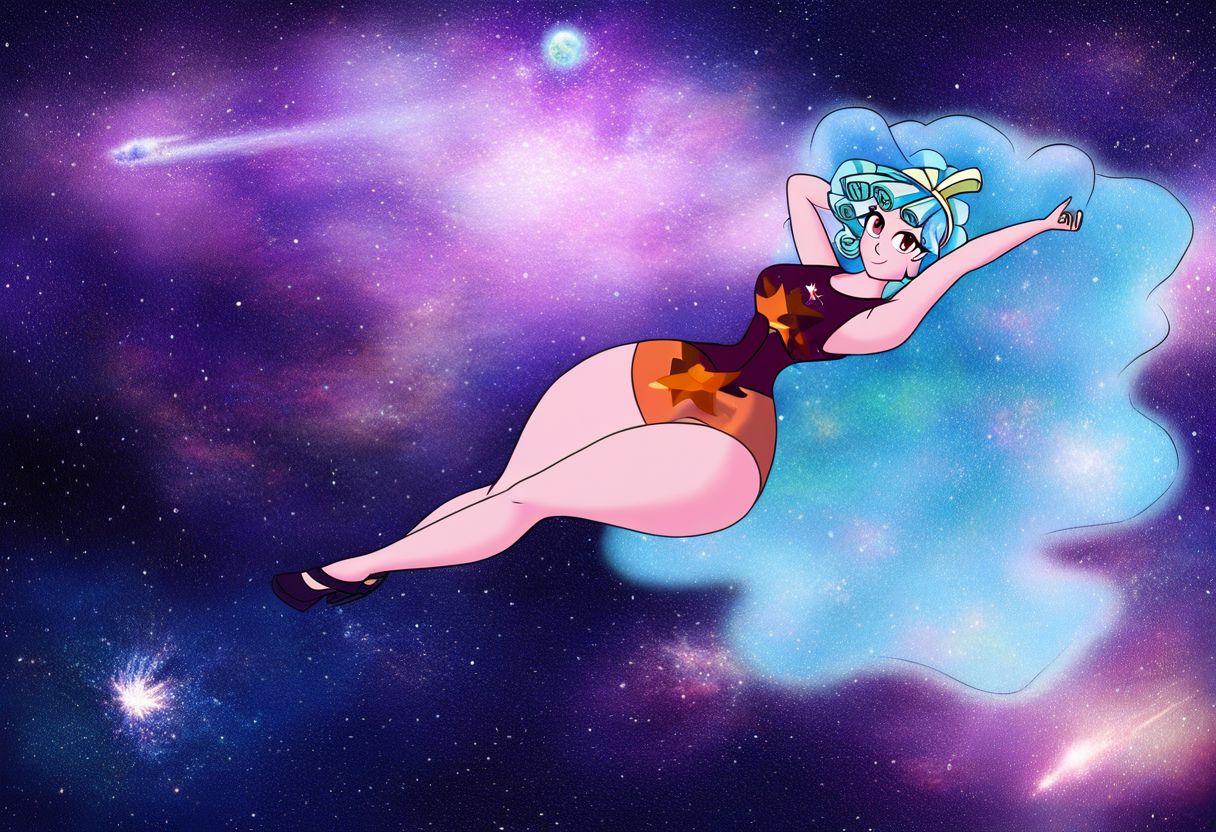 Cozy Glow, Equestria Girls, (thick thighs:1.3), (wide hips:1.4), (large boobs:1.3), (thick thighs:1.3), (wide hips:1.4), (large boobs:1.3), giantess, from below, looking at viewer, (floating in front of a galaxy), (detailed space background, shooting stars in background:1.2), ((lying in the middle of a galaxy)) space, stars, (galaxy:1.6), nebula, (universe:1.6), ((floating)), floating hair, (she is bigger than the universe),