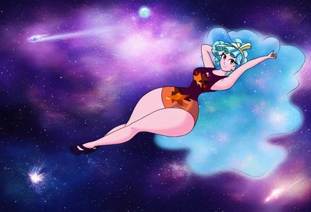 Cozy Glow, Equestria Girls, (thick thighs:1.3), (wide hips:1.4), (large boobs:1.3), (thick thighs:1.3), (wide hips:1.4), (large boobs:1.3), giantess, from below, looking at viewer, (floating in front of a galaxy), (detailed space background, shooting stars in background:1.2), ((lying in the middle of a galaxy)) space, stars, (galaxy:1.6), nebula, (universe:1.6), ((floating)), floating hair, (she is bigger than the universe),