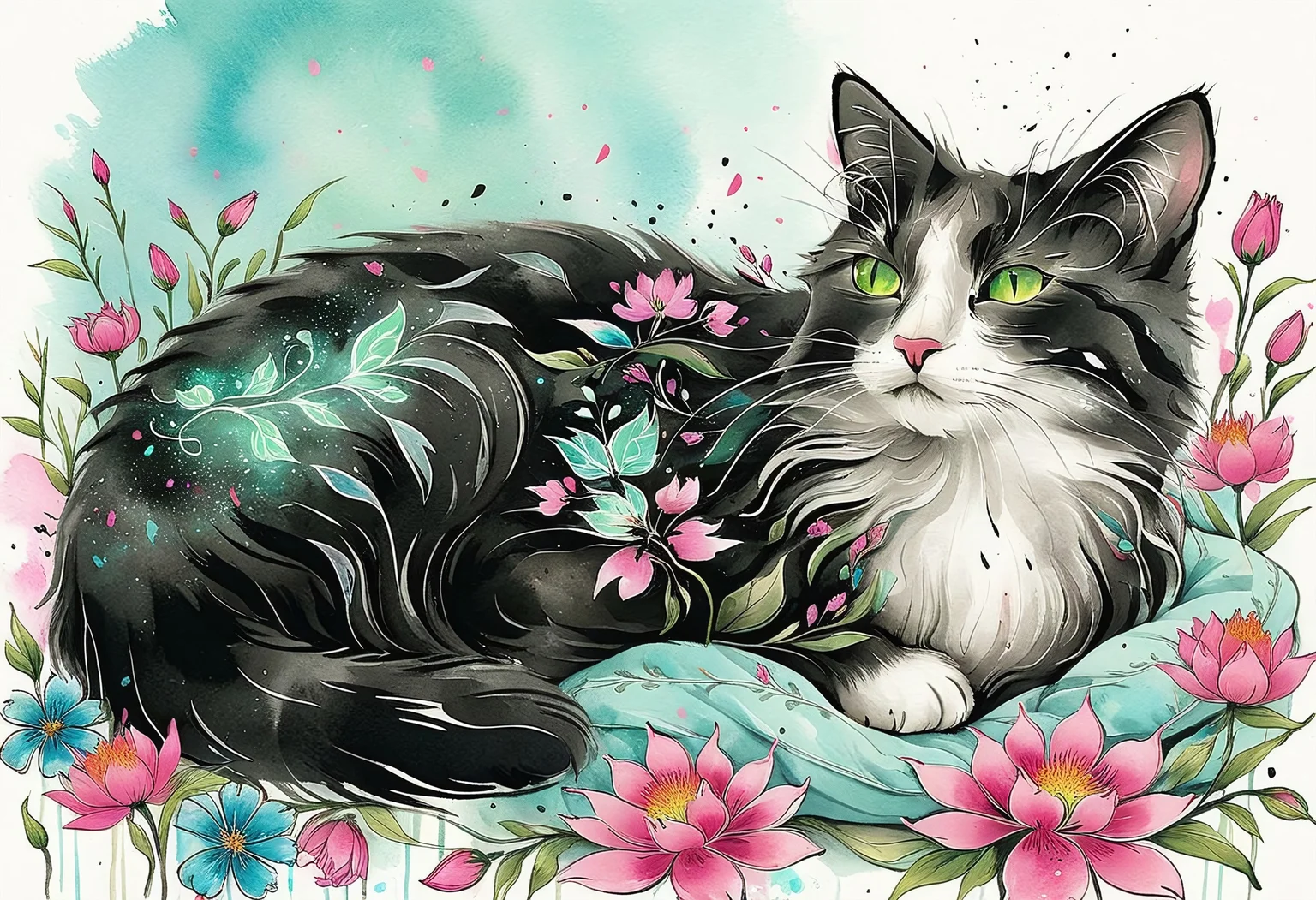 DonM3lv3sXL, ultra-detailed, cinematic lighting, animal focus, Chinese sumi ink art style, vibrant brush strokes and some ink splatters, whimsical ink wash painting of a cute cat, magical rune patterned fur, curled up, on a bed of pastel flowers, eyes closed, sleeping, calm
