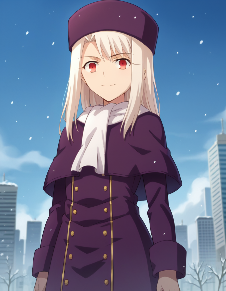 score_9, score_8_up, score_7_up, source_anime, 
illyasvielvoneinzbern, <lora:illyasviel-von-einzbern-ponyxl-lora-nochekaiser:1>, 
illyasviel von einzbern, long hair, red eyes, white hair, smile,
hat, boots, scarf, coat, capelet, white scarf, purple headwear, fur hat, papakha,
outdoors, cityscape, snowing,
looking at viewer, cowboy shot, dutch angle, dynamic pose,