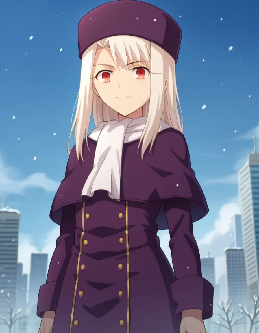 score_9, score_8_up, score_7_up, source_anime,
illyasvielvoneinzbern, <lora:illyasviel-von-einzbern-ponyxl-lora-nochekaiser:1>,
illyasviel von einzbern, long hair, red eyes, white hair, smile,
hat, boots, scarf, coat, capelet, white scarf, purple headwear, fur hat, papakha,
outdoors, cityscape, snowing,
looking at viewer, cowboy shot, dutch angle, dynamic pose,