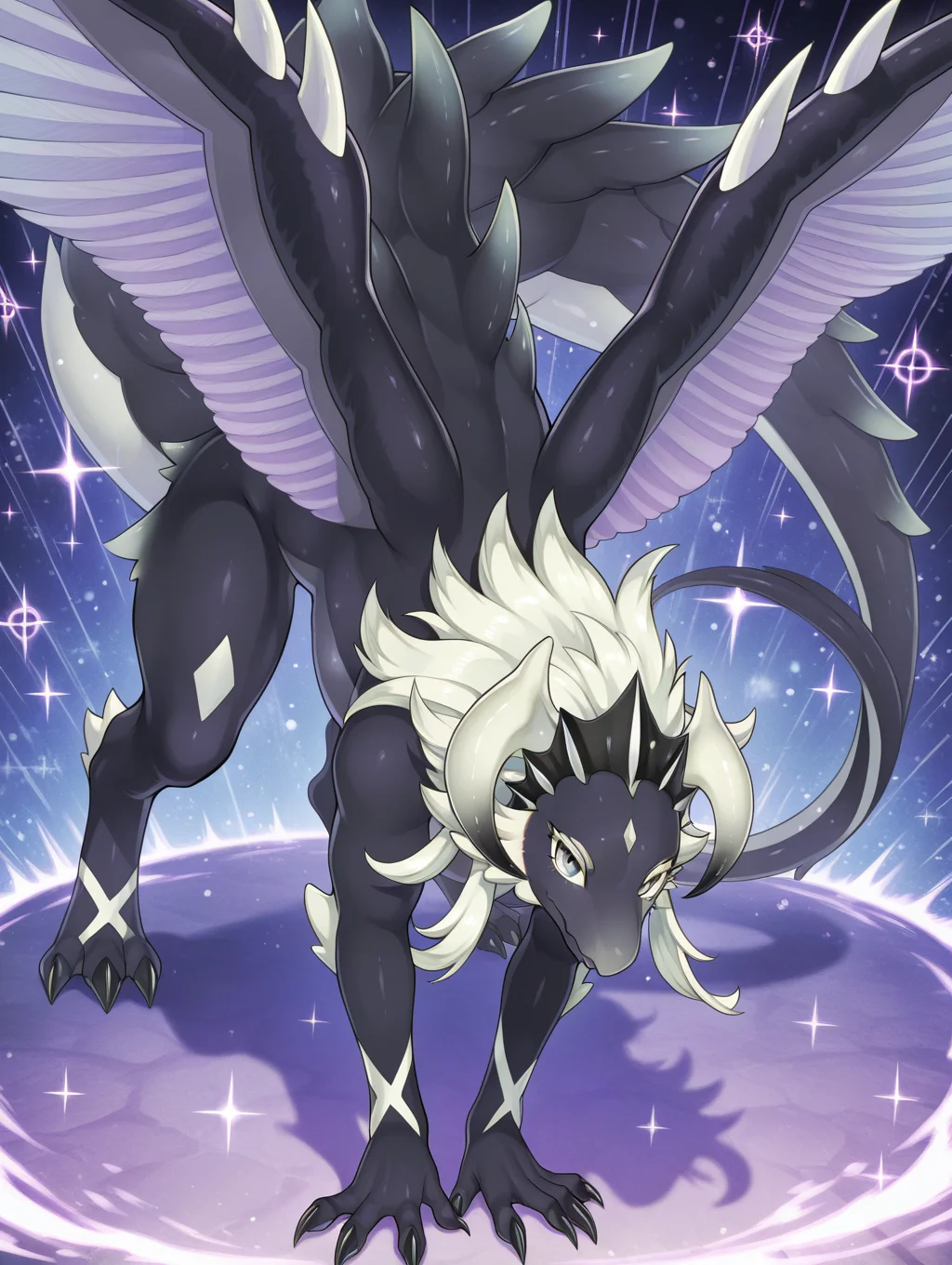 1other, dragonmaid stern, no humans, solo, claws, motion lines, looking at viewer, full body, all fours, closed mouth, dark dragon, animal focus, furry female, sparkle, spread wings, sparkle background,
masterpiece,best quality,amazing quality,very aesthetic,absurdres,newest,<lora:Chamber dragonmaid illuXL v1:0.73>,