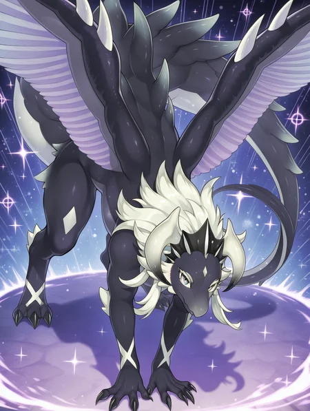 1other, dragonmaid stern, no humans, solo, claws, motion lines, looking at viewer, full body, all fours, closed mouth, dark dragon, animal focus, furry female, sparkle, spread wings, sparkle background,
masterpiece,best quality,amazing quality,very aesthetic,absurdres,newest,<lora:Chamber dragonmaid illuXL v1:0.73>,