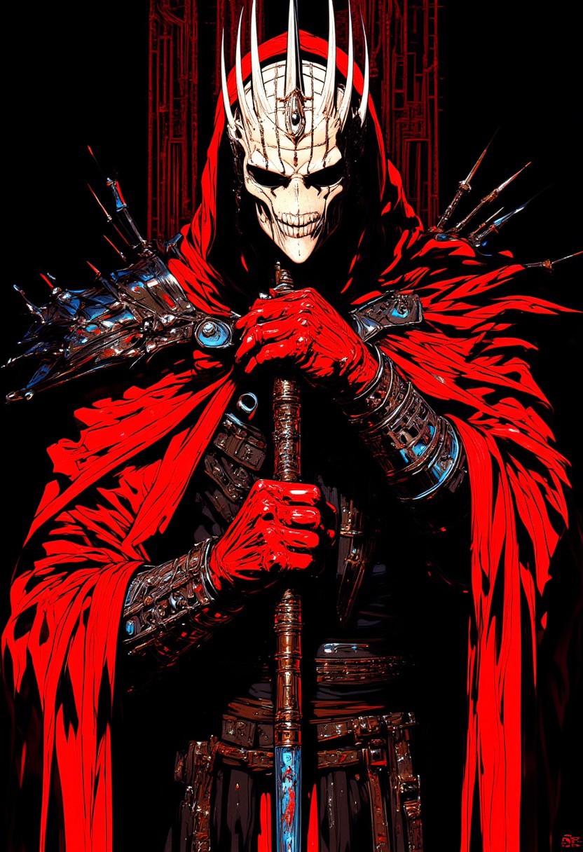 A high-contrast digital artwork, drawing inspiration from the bold fashion photography of Helmut Newton and the gothic intensity of H. R. Giger, features a striking figure standing against a solid, vibrant black background. The subject is clad in an avant-garde, high-fashion ensemble with a long, oversized red leather coat, its exaggerated shoulders adding to the imposing silhouette. A wide belt with intricate chains and buckles cinches the waist, complemented by glossy red leather gloves that catch the bold lighting. The face is hidden behind a dramatic white mask with a grid pattern, evoking Pinhead from Hellraiser, adorned with sharp white spikes, creating a menacing, edgy look. Pale skin and dark black lips contrast sharply with the mask, adding a gothic allure. The figure’s hands are tightly gripping a long, thin object, possibly a whip or riding crop, enhancing the commanding energy. In the background, subtle red-and-white geometric patterns form an optical illusion, inspired by the works of Bridget Riley, drawing the viewer’s eye toward the figure. The sharp details of the leather, chains, and spikes against the vibrant black backdrop create a visually arresting gothic style. HD, 8K quality, ultra-detailed, masterpiece artwork, flawless anatomy.