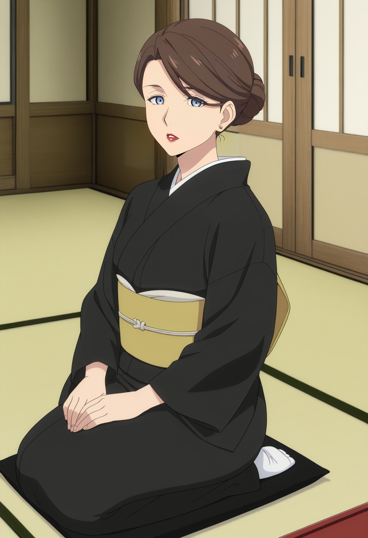 1girl,solo,mm,mature female,brown hair,blue eyes,single hair bun,hair bun,lipstick,anime coloring,
earrings,black kimono,obi,sash,seiza,indoors,looking at viewer, parted lips, zabuton, tatami,light frown, 
,masterpiece,best quality,amazing quality,<lora:Yumika_Sakuraba-Shinobi_no_Ittoki:0.8>