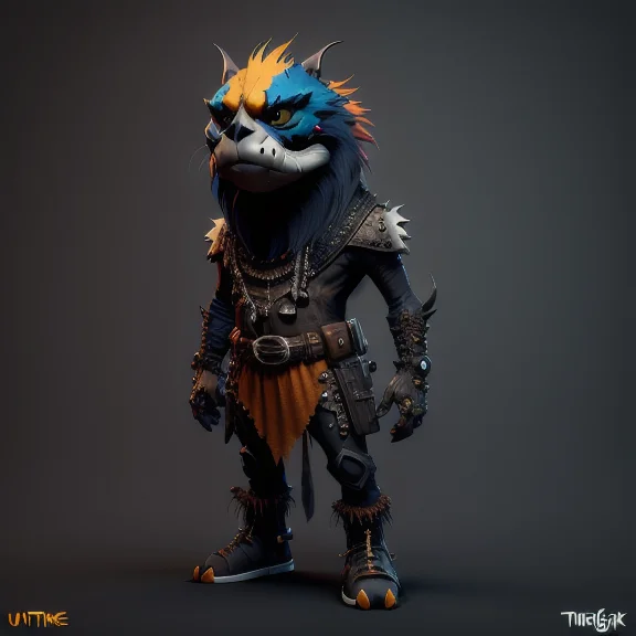 Fantz cartoon (creature:0.5)|(tiger:0.5) design, ultra detailed, random colors, gothic, and punk costume, <lora:Small_Mostersv2:0.6> <lora:Creature_Design2_V1:0.5>