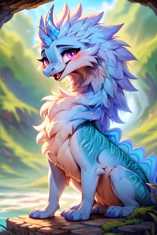 award winning photography, wildlife photography,
sisu, (dragon face), dragon, asian dragon, cute-fine-face, highly detailed face, 
(furry chest), (detailed and extremely fluffy body fur), glossy eyes, 
cute, young, blushing, (glossy fur), (iridescent fur), fluffy mane, short neck, (small head:0.5),  fangs, 
sitting, happy, low angle,
uploaded on e621, by ulitochka, by castitas, by dagasi,
<lora:sisu:0.7>,  purple eyes, mane, (short tail), long body, horn,
<lora:FurryCore:0.5>,
<lora:dragon:0.5>,
at the beach, sunshine, volumetric lighting,
(ambient light on the body), Ray tracing,
cinematic composition, concept art, highly detailed, 
((masterpiece)), best quality, realistic, intricate, (high detail:1.2), 
film photography, sharp focus,