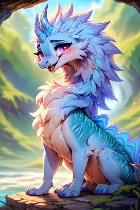 award winning photography, wildlife photography,
sisu, (dragon face), dragon, asian dragon, cute-fine-face, highly detailed face, 
(furry chest), (detailed and extremely fluffy body fur), glossy eyes, 
cute, young, blushing, (glossy fur), (iridescent fur), fluffy mane, short neck, (small head:0.5),  fangs, 
sitting, happy, low angle,
uploaded on e621, by ulitochka, by castitas, by dagasi,
<lora:sisu:0.7>,  purple eyes, mane, (short tail), long body, horn,
<lora:FurryCore:0.5>,
<lora:dragon:0.5>,
at the beach, sunshine, volumetric lighting,
(ambient light on the body), Ray tracing,
cinematic composition, concept art, highly detailed, 
((masterpiece)), best quality, realistic, intricate, (high detail:1.2), 
film photography, sharp focus,