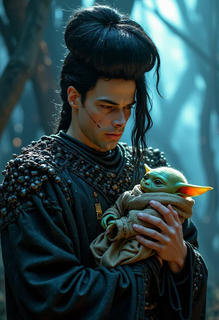 dark fantasy aesthetic. , digital artwork of a futuristic, , epic. luminescence, ultra realistic, hyper detailed, soft lighting , (Frank Frazetta), epic scale.
(detailed digital painting, detailed oil painting).
In the style of cinematic movie-still shot with 6k-dragon-red. Surprisingly realistic lighting, textures, and details;
A powerful and enigmatic fighter holding (((detail green baby Yoda))), anime style, vintage film effect, muted colors, grainy texture, cinematic shot, soft lighting, retro aesthetics, warm tones..
masterpiece, best quality, medium-format camera, high-contrast, dramatic lighting, striking composition,
The background is minimalist, a gradient of shadowy blue tones, amplifying the ethereal and futuristic ambiance of the scene. The overall composition feels cinematic, blending high fashion with a science fiction aesthetic. . Exquisite cyberpunk. retroFuturism.Frank Frazetta,
..razum
.
An otherworldly atmosphere.
(Depth of field), low saturation,detail. mythp0rt Stylish, charismatic. ,.
masterpiece, ,KNRm,
,
Otherworldly atmosphere. aidmamj6.1
(Depth of field), low saturation,detail. mythp0rt, Stylish, charismatic