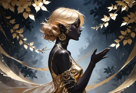 zPDXL3, ((score_9, score_8_up, score_7_up)), masterpiece, detailed, perfect face, perfect anatomy, 1boy, Cyrus the great, elven ears, slim body, black skin, golden dress, reaching, flower tree, silhouette_with_gold_foil, abstract, metallic shine, from side, dark background,
