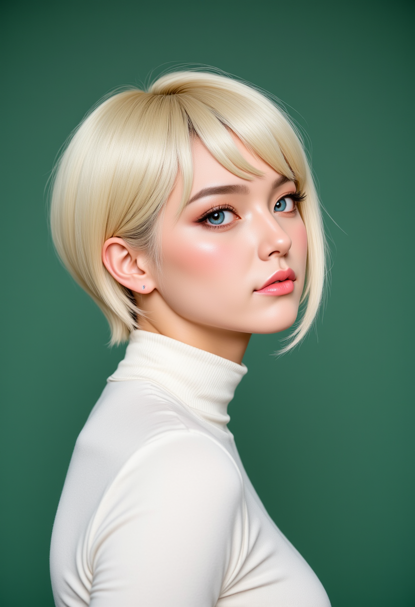 Headshots,masterpiece, a beautiful woman,Hyperrealistic, she is smiling, dynamic angles, multiple angles, photoshoot poses; A photo of A photo of Xiao Wu 156G, a woman with short blonde hair, and blue eyes, she has massive breasts, a beautiful girl,she is wearing a white turtleneck sweater.she has massive breasts, she has piercing eyes. a dynamic pose and a sense of action. simple green background, and the lighting is soft, creating a dramatic effect, creating a focused and dynamic pose.; the scene is set in a beautiful well-lit environment, with a sense of action and adventure. Style: realistic hyper-detailed rendering, 32k UHD, expressive eyes, punk, graphic design, girl's face, pretty and cute, gleaming lips, telling a tale of adventure. Exuding confidence and serenity. The overall mood of the image is happy and relaxed, detailed skin texture,(blush:0.2),(goosebumps:0.3), subsurface scattering,with a playful and whimsical tone,aidmafluxpro1.1, perfection style,
