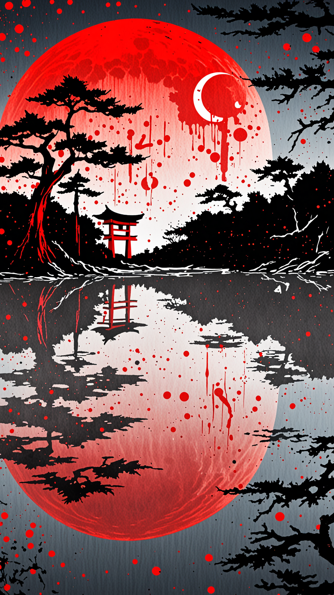 Splat paint effect, red moon, Lake, japanese writing, ripples, sky, trees, reflection, <lora:Paint_Effects_SDXL_-_By_DICE:1>, Splat Paint Effect