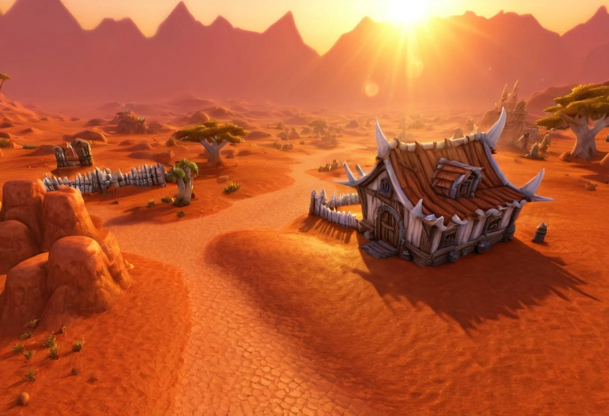 Durotar, landscape, desert, highly detailed, photorealistic, depth of field, lense flare, house <lora:Durotar-06:0.8>