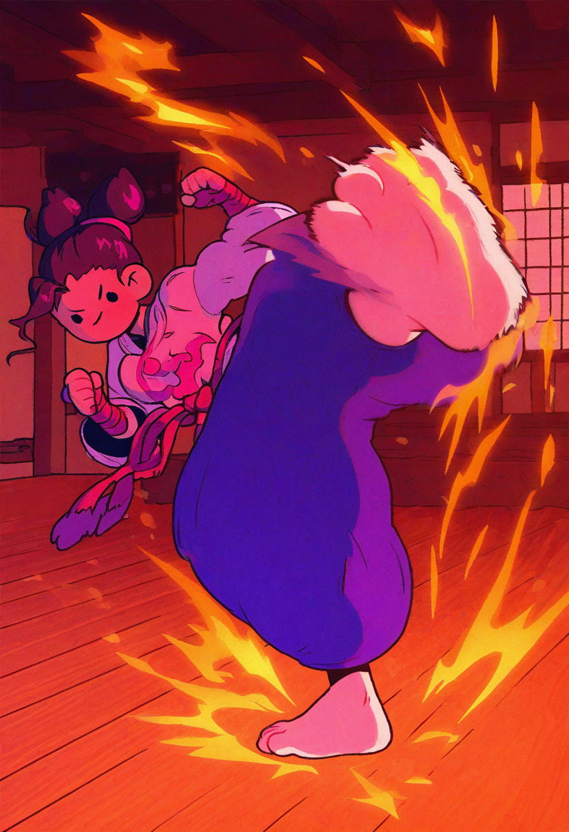 x3t4, masterpiece, cartoon,   best quality, detailed,  solo,   juri-han \(street_fighter\), dojo, kicking viewer, soles of feet, 
