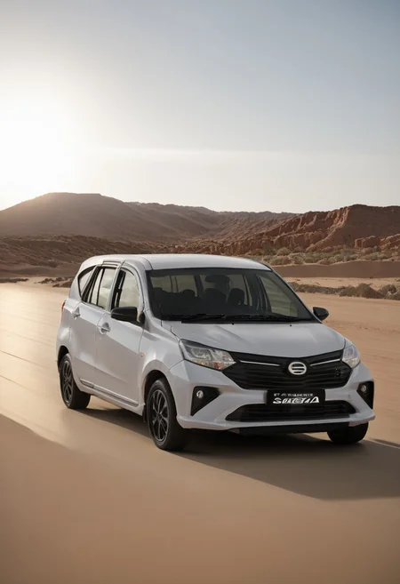 high resolution, best quality, Car, Daihatsu Sigra, Desert trail, cacti, setting sun,