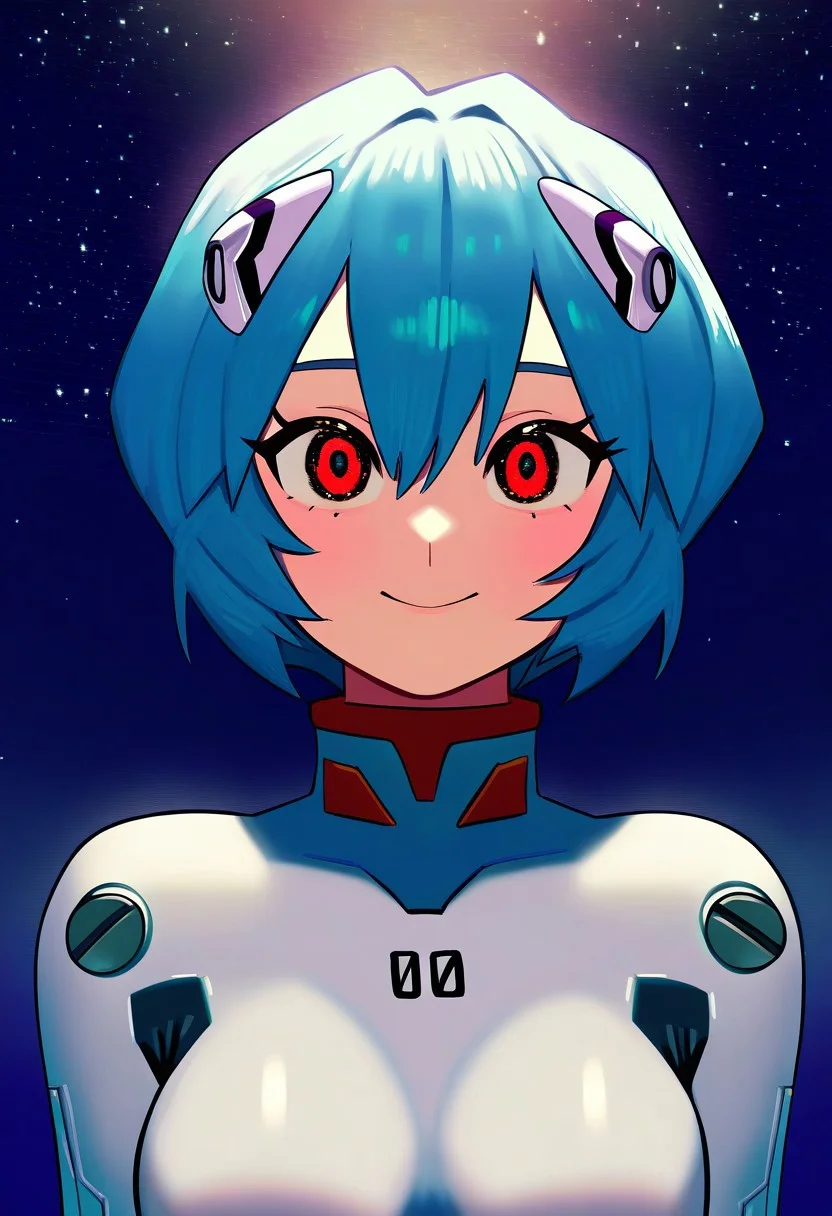 masterpiece, best quality, very aesthetic, high resolution, ultra-detailed, absurdres, newest, extremely detailed eyes, beautiful, perfect lighting, hi res, amazing quality, very awa, pvdc_il, PVDC_STL, hatched style:2.1, cartoon style, pastel style, 1girl, ayanami rei, plugsuit, blue hair, red eyes, short hair, smile, looking at viewer, blush, hair between eyes, upper body, interface headset, closed mouth, breasts, white bodysuit, star (sky), bangs, eyelashes, straight-on