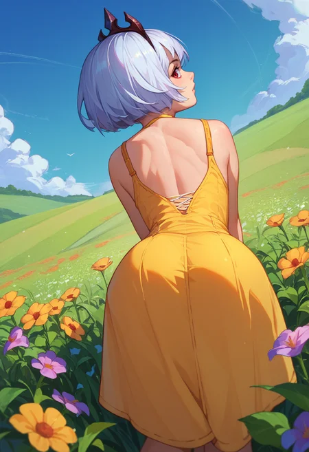 score_9, score_8_up, score_7_up, 1girl, Orphea, tiara, white hair, short hair, red eyes, yellow sundress, from behind, outdoors, looking at viewer, bent over, flower field, looking back, <lora:Orphea DORER:1>