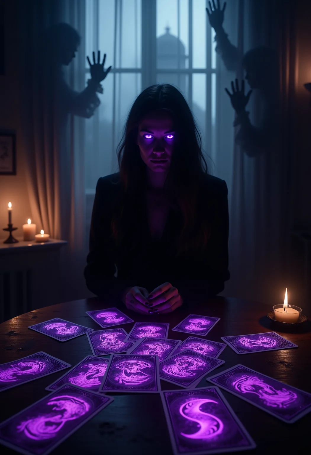 A shadowy figure sits at a table bathed in flickering candlelight, their form barely visible apart from their glowing violet eyes. Tarot cards with intricate black and silver designs lie spread before them, each emanating a faint purple haze. Shadows move unnaturally around the room, occasionally forming faces or hands that seem to grasp for the cards
<lora:Dever_Flux_Enhancer:0.5>