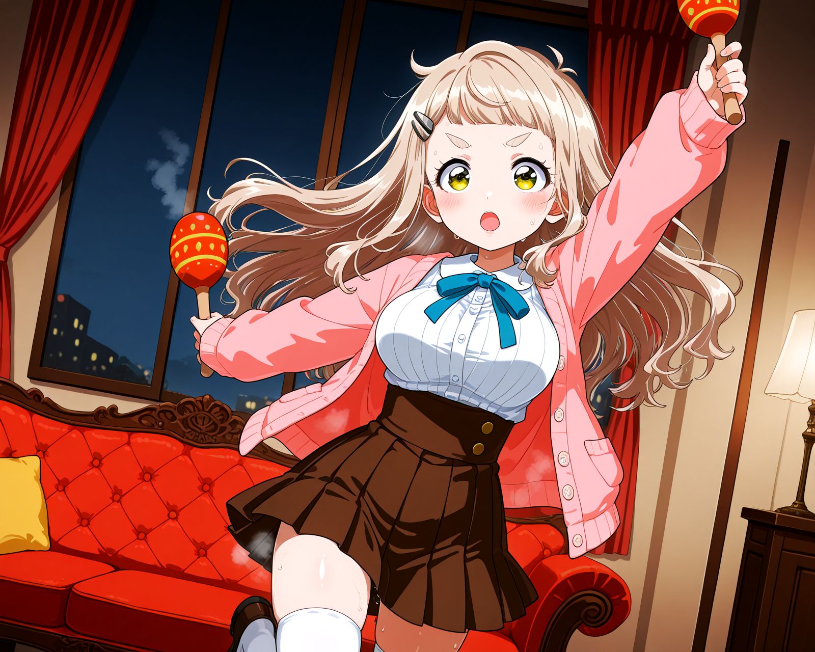 masterpiece, best quality, very aesthetic, 
indoors, night, darkness, luxury, gaudy, couch, lace curtains, dutch angle, 
(a young girl standing and holding maracas with both hands:1.4), standing on one leg, dancing, hair lift, 
(steam, steaming body, sweat:1.6), 
<lora:hrn_yc_illustriousXL:1> retro artstyle,
<lora:Suna-PonyXL-1024px:0.8>, <lora:ExpressiveH_V2-000009:0.3> ExpressiveH, thick eyelashes, shiny skin, shiny hair, arm up, 
1girl, solo, serious, v-shaped eyebrows, blush, pink lips, large breasts, narrow waists, open mouth, looking at viewer, 
<lora:niji-chima:1> nijichima, large breasts, yellow eyes, drooping eyes, short eyebrows, light-brown hair, round face, disproportionate breasts, short stature, aged down, long hair, short bangs, hairclip, (nijichimacos, white shirt, blue ribbon, pink cardigan, long sleeves, sleeves past wrists, brown skirt, pleated skirt, high-waist skirt, miniskirt, white thighhighs:1),