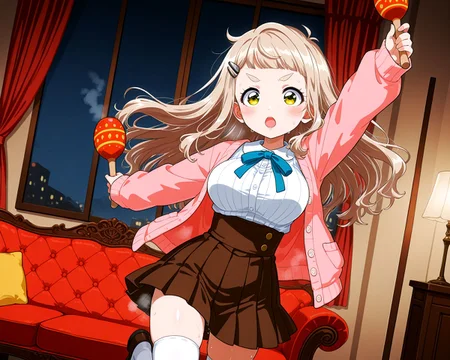 masterpiece, best quality, very aesthetic,
indoors, night, darkness, luxury, gaudy, couch, lace curtains, dutch angle,
(a young girl standing and holding maracas with both hands:1.4), standing on one leg, dancing, hair lift,
(steam, steaming body, sweat:1.6),
<lora:hrn_yc_illustriousXL:1> retro artstyle,
<lora:Suna-PonyXL-1024px:0.8>, <lora:ExpressiveH_V2-000009:0.3> ExpressiveH, thick eyelashes, shiny skin, shiny hair, arm up,
1girl, solo, serious, v-shaped eyebrows, blush, pink lips, large breasts, narrow waists, open mouth, looking at viewer,
<lora:niji-chima:1> nijichima, large breasts, yellow eyes, drooping eyes, short eyebrows, light-brown hair, round face, disproportionate breasts, short stature, aged down, long hair, short bangs, hairclip, (nijichimacos, white shirt, blue ribbon, pink cardigan, long sleeves, sleeves past wrists, brown skirt, pleated skirt, high-waist skirt, miniskirt, white thighhighs:1),