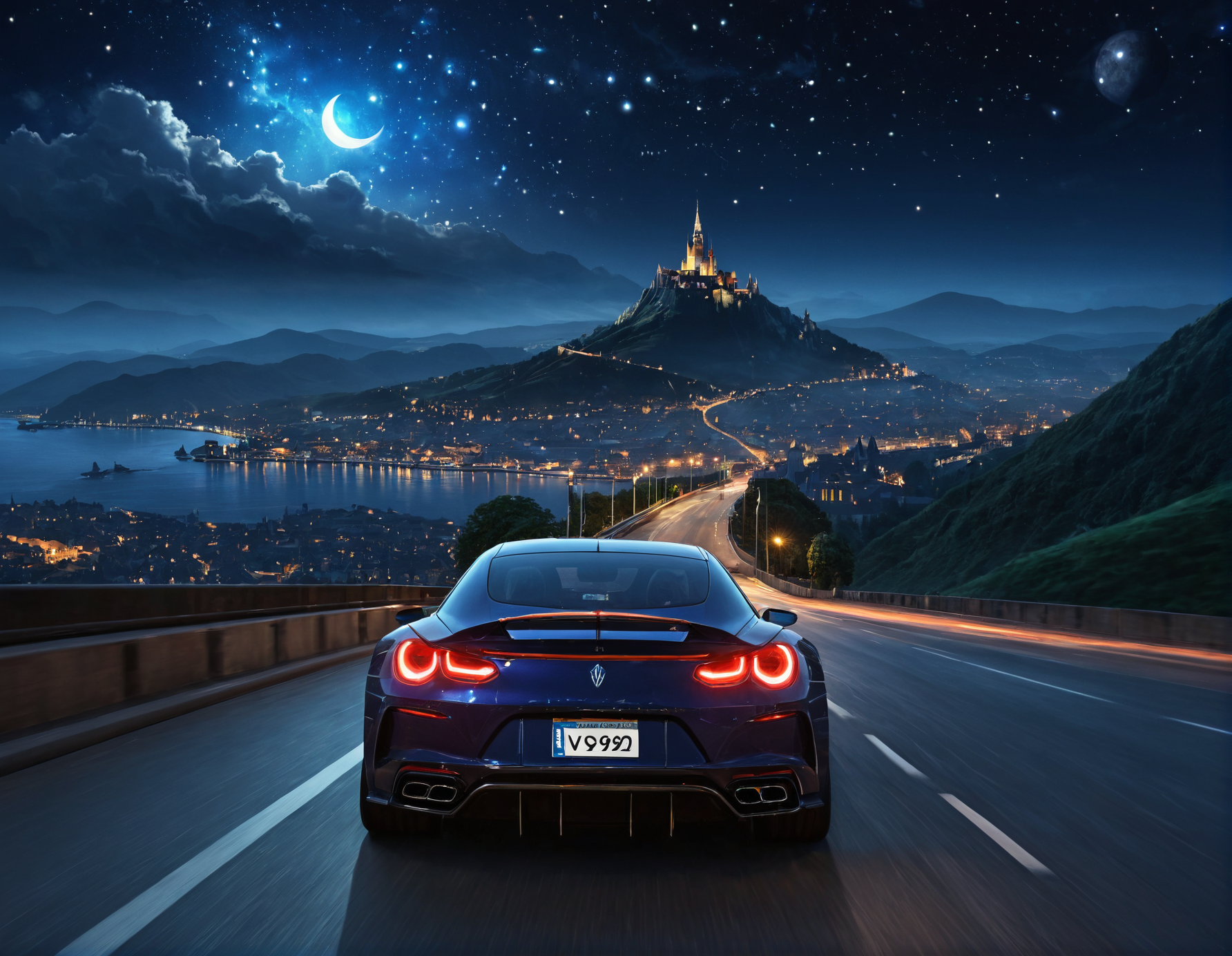 ethereal fantasy concept art of  <lora:Zoom_Cars:1>,Cornelisz Hendriksz Vroom,, a car driving down a street at night with a city in the background and a hill in the distance [20], . magnificent, celestial, ethereal, painterly, epic, majestic, magical, fantasy art, cover art, dreamy