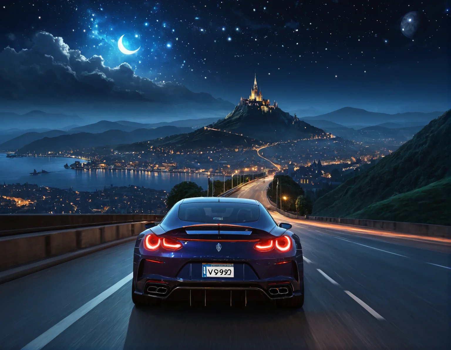 ethereal fantasy concept art of  <lora:Zoom_Cars:1>,Cornelisz Hendriksz Vroom,, a car driving down a street at night with a city in the background and a hill in the distance [20], . magnificent, celestial, ethereal, painterly, epic, majestic, magical, fantasy art, cover art, dreamy