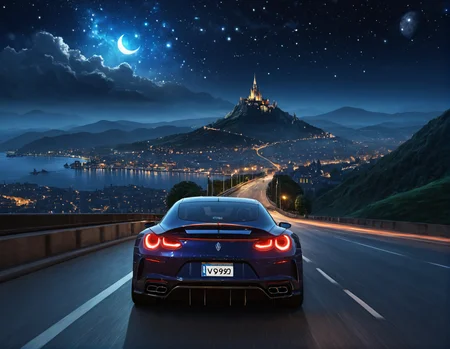 ethereal fantasy concept art of  <lora:Zoom_Cars:1>,Cornelisz Hendriksz Vroom,, a car driving down a street at night with a city in the background and a hill in the distance [20], . magnificent, celestial, ethereal, painterly, epic, majestic, magical, fantasy art, cover art, dreamy