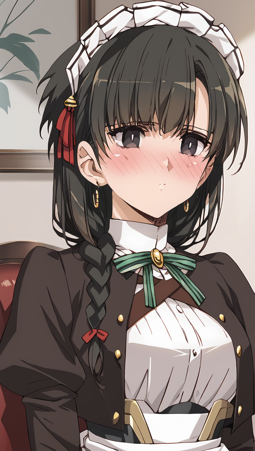 1girl, absurdres,
score_9, score_8_up, score_7_up, score_6_up, source_anime, zPDXL3,
(mature female),  
BREAK.
indoors, expressionless, ((blush:1.6)), covered nipples, 
BREAK,
BREAK,
 yuki, long_hair, black_hair, single_braid, black_eyes, hair_ornament, ribbon, 
maid, maid_headdress, apron, long_sleeves, puffy_sleeves, juliet_sleeves, white_gloves, jewelry, earrings<lora:Urushihara Satoshi_XL_PONY_V2:0.9>,<lora:kimi_wa_meido-sama_-_yuki:0.8>