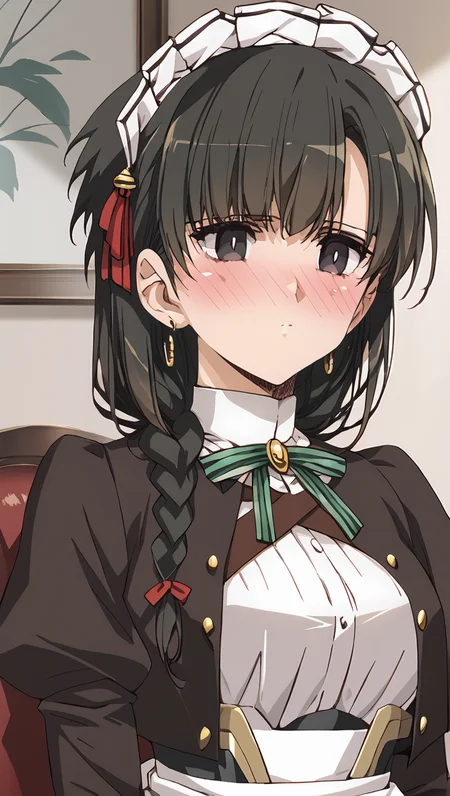 1girl, absurdres,
score_9, score_8_up, score_7_up, score_6_up, source_anime, zPDXL3,
(mature female),
BREAK.
indoors, expressionless, ((blush:1.6)), covered nipples,
BREAK,
BREAK,
yuki, long_hair, black_hair, single_braid, black_eyes, hair_ornament, ribbon,
maid, maid_headdress, apron, long_sleeves, puffy_sleeves, juliet_sleeves, white_gloves, jewelry, earrings<lora:Urushihara Satoshi_XL_PONY_V2:0.9>,<lora:kimi_wa_meido-sama_-_yuki:0.8>