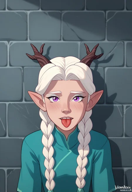 score_9, score_8, score_7, score_6,
triplevexx, solo, ((Lujanne)), Elf, Moonelf, Horns, Long Twin Braids, White Hair, looking at viewer, leaning against marble wall, sticking tongue out, purple eyes,