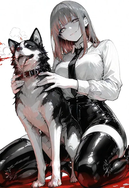 masterpiece, highres, absurdres, newest, very awa, white background, highly detailed, intricate, detailed clothes, perfect hands, detailed hands, monochrome, greyscale, manga, 1girl, makima/(chainsaw man), red hair, long hair, ringed eyes, shirt, black tie, black pants, tight pants, high heel boots, boots, latex boots, thighhigh boots, thigh boots, shiny footwear, holding dog in hand, lifting dog in air, happy, adoring dog, wariza, low angle, foreshortening, perspective, side view, from below, looking at viewer, blood splash red background, <lora:ponyv4_noob1_2_adamW-000017:0.2>, <lora:spo_sdxl_10ep_4k-data_lora_webui>, <lora:TA_trained:0.75>, <lora:NOOB_EPSv1_1_detailer_by_vlnvk_v0_5>, <lora:owk_bsh_yy:0.9>