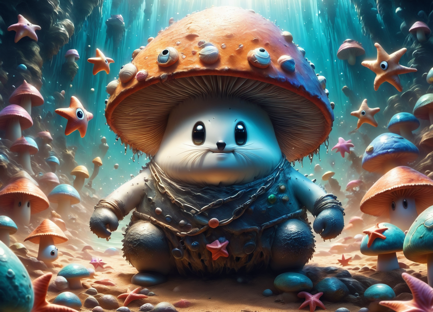 DonM5hr00mKn1gh7XL solo, shroom guy,shaman , magical realm, rimstone dam,starfish,animal track <lora:DonM5hr00mKn1gh7XL-pony:1>